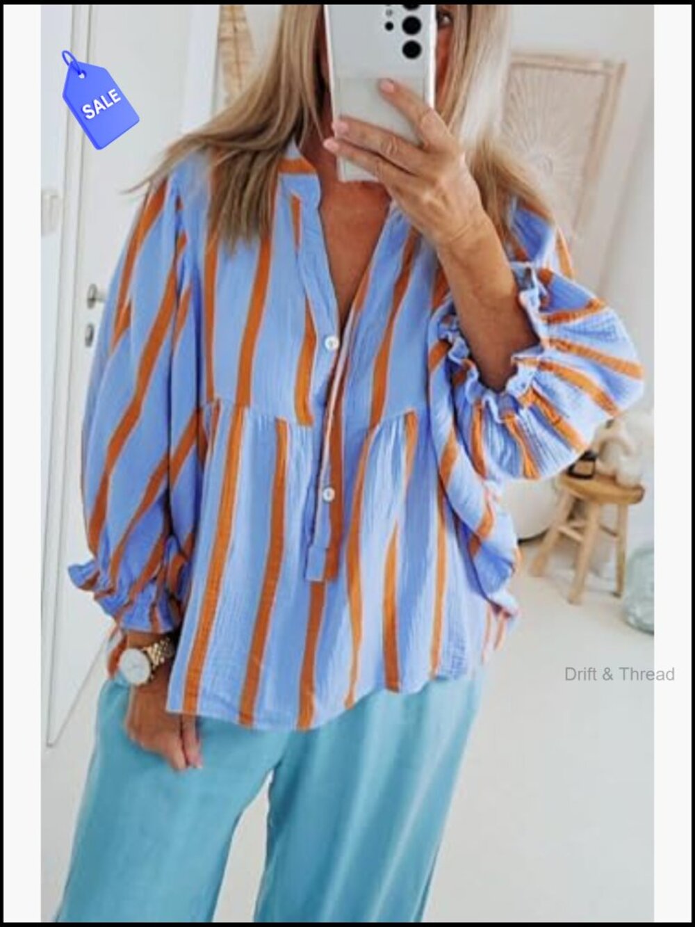 Women's Puff Sleeve Babydoll Top Striped V Neck Blouse Cotton Loose Fit Flowy - Picture 2 of 5